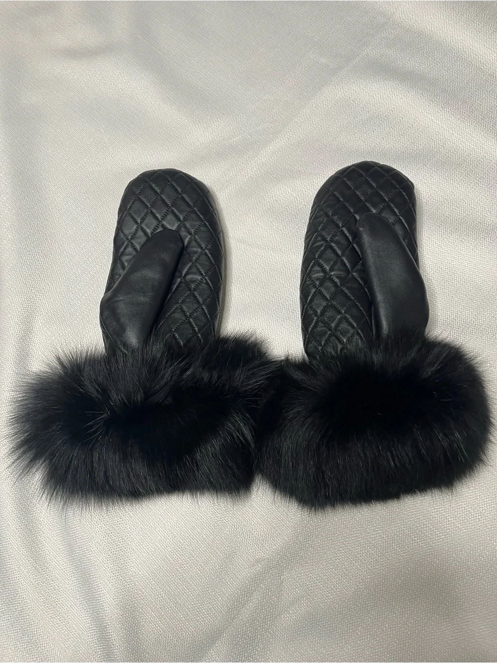 Mitchies Blue Fox Fur Trimmed Quilted Leather Mittens